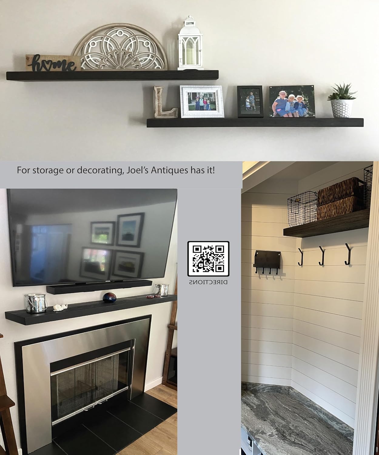 Joel's Antiques - 48 Inch Wooden Floating Shelves for Wall - 48x12x2 in - Made of Natural Wood - Long Heavy Duty Rustic Wall Shelves for Bedroom - Perfect for Living Room, Kitchen - Black