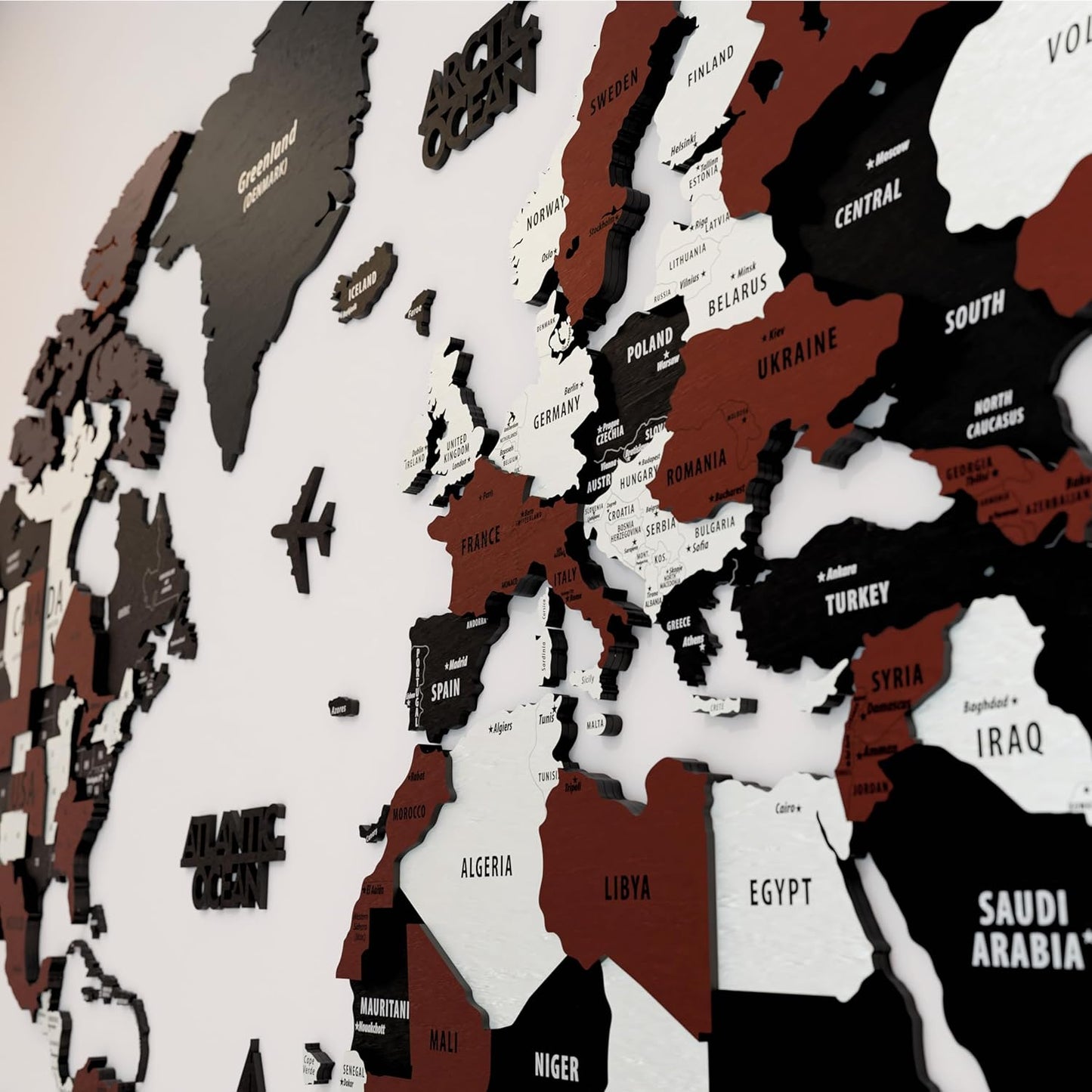 Colorfull Worlds 3D Wooden World Map Wall Art | Unique Wall Decor with Pins for Travel Enthusiasts | Home and Office Wall Décor | Burgundy | XXLarge