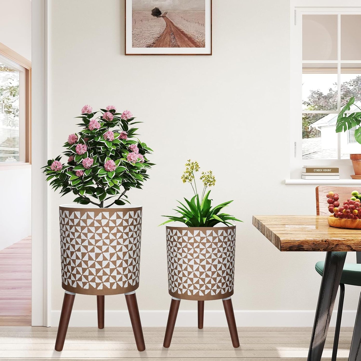 10 & 12 Inches Plant Pot with Stand, Large Modern Standing Planters for Indoor Outdoor Plants with Drainage Holes, Big Gold Floral Embossed Flower Pots with Legs