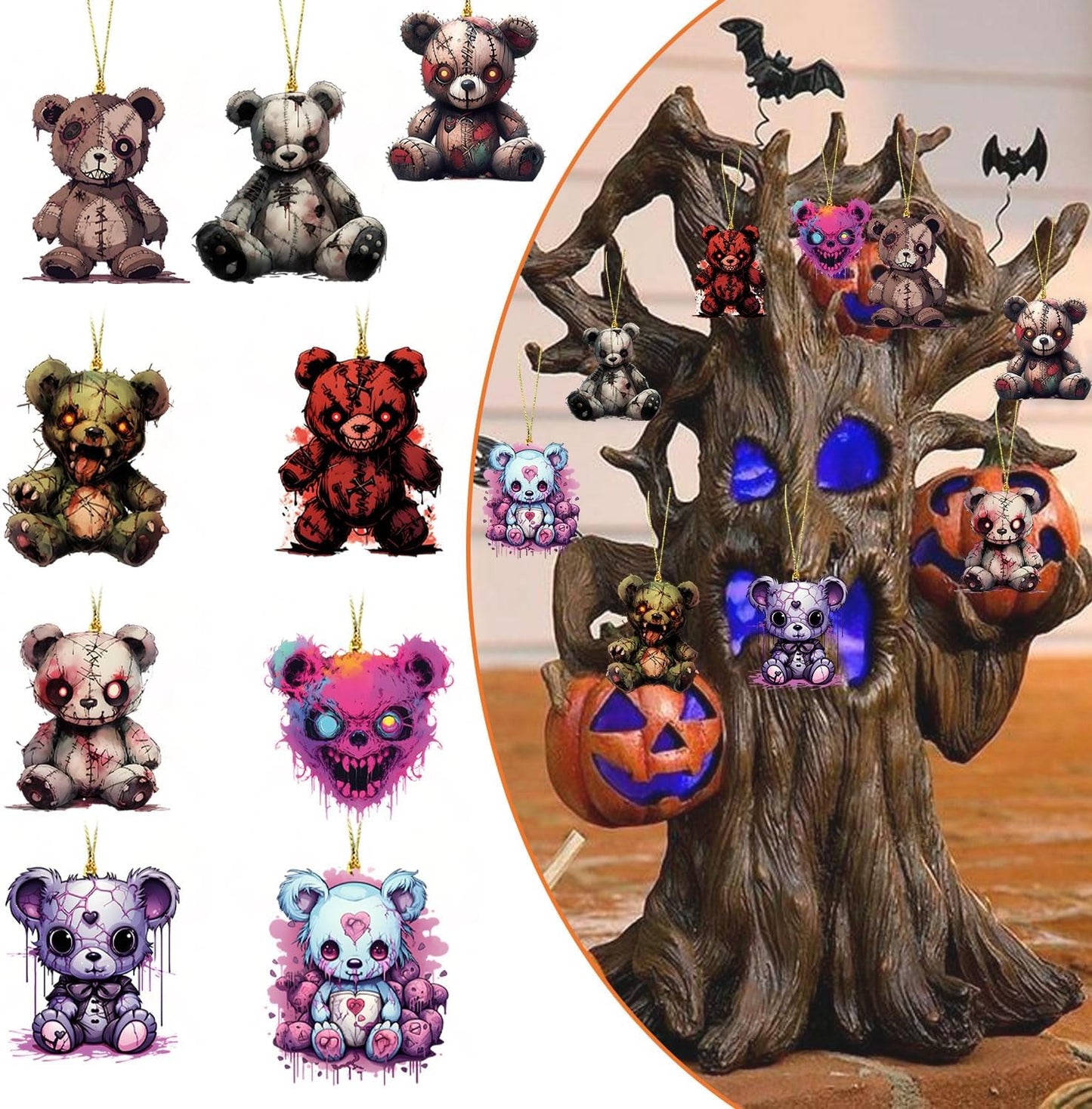Halloween Tree Hanging Ornaments, 9 Pcs Cute Acrylic Pendant, Terror Bear Halloween Accessories, Funny Cartoon Christmas Tree Decoration for Mini Characters Decorations Indoor Outdoo