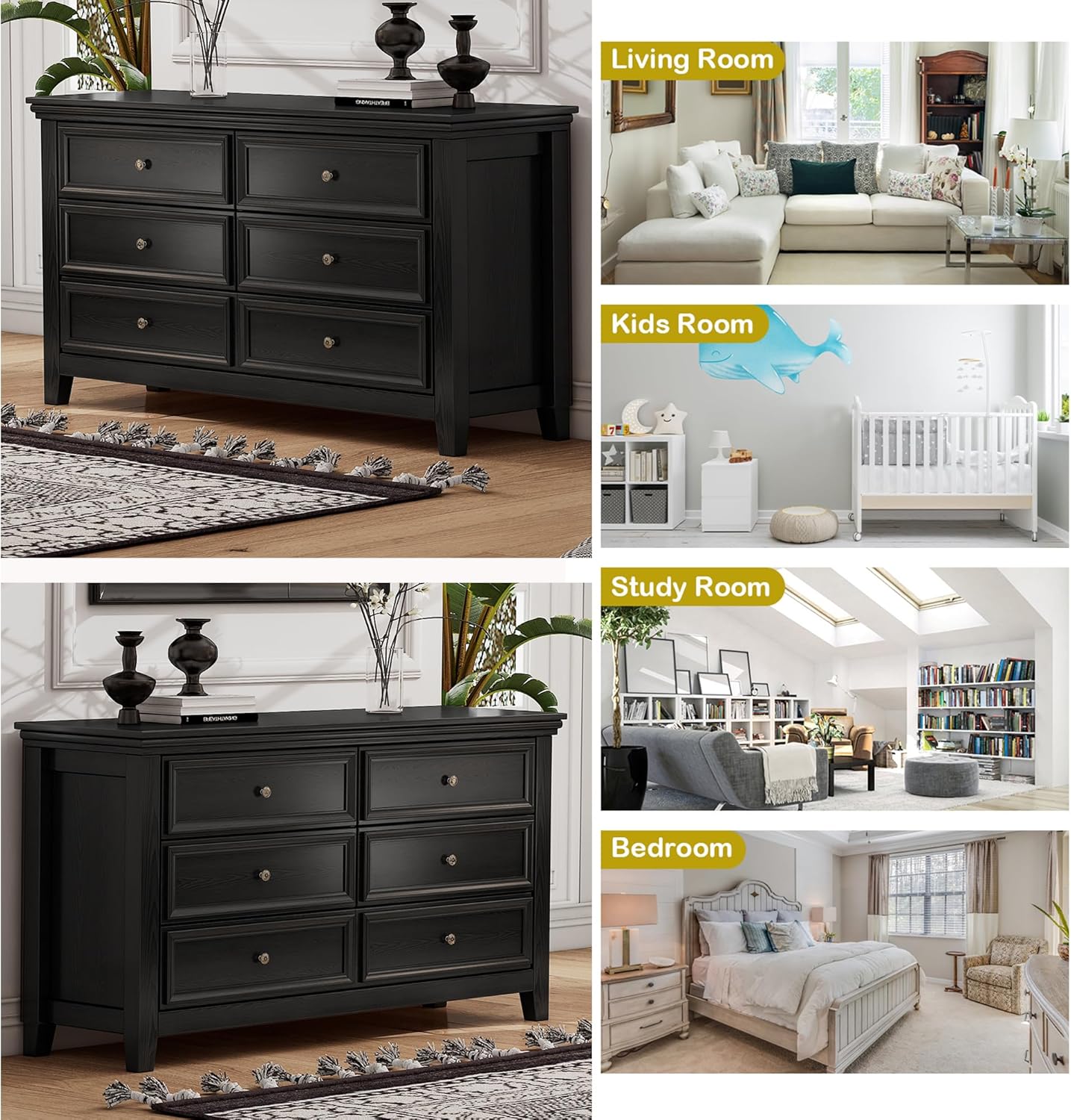 BLANKSPACE Black 6 Drawer Dresser, Modern Dresser for Bedroom, Wood Drawer Organizer with Metal Knobs, Large Capacity Wood Cabinet for Bedroom, Hallway