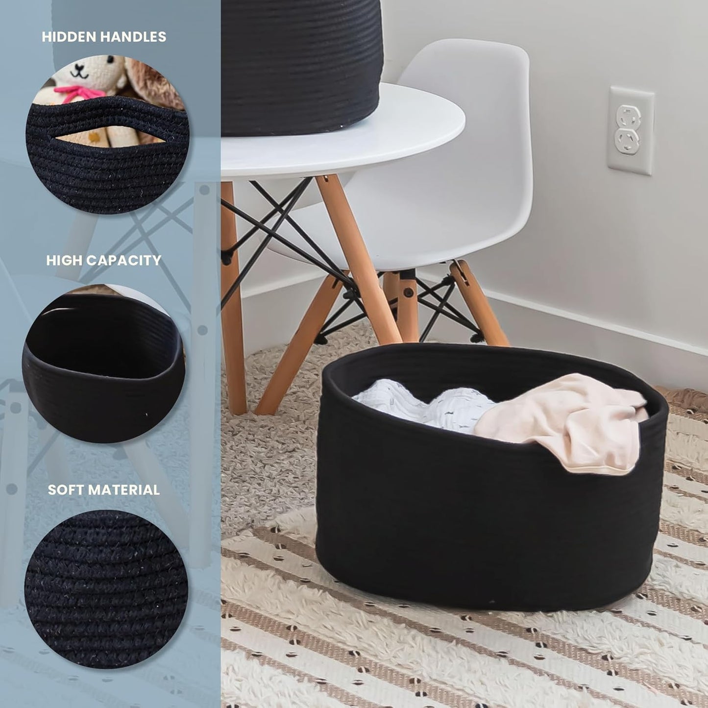 OrganiHaus Set of 3 Woven Storage Baskets for Organizing, Cotton Rope Organizer Bins for Shelves, Closet & Nursery, Dog Toy Basket, Decorative Bins for Toys, Towels & Books - 15x10x9, Black