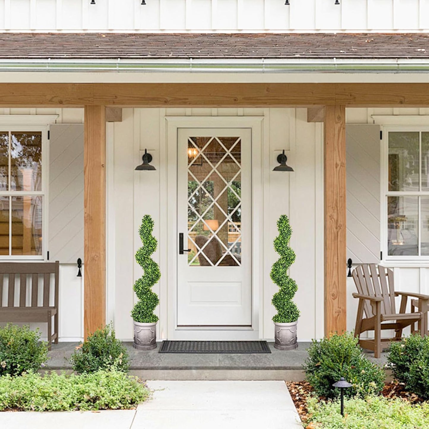 4FT Artificial Spiral Boxwood Topiary Trees with Antique-White Roman-Style Planter - Outdoor&Indoor Year-Round Garden, Porch, Entryway Decor (2 Pack)