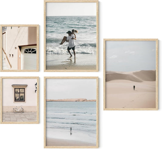 HAUS AND HUES Collage Frames For Wall - Set of 5 Photo Gallery Frames, Picture Frames Collage Wall Decor, Assorted Photo Frame Set, Stair Picture Frame Set Wood, (Two 8x10, Three 12x16 Beige)