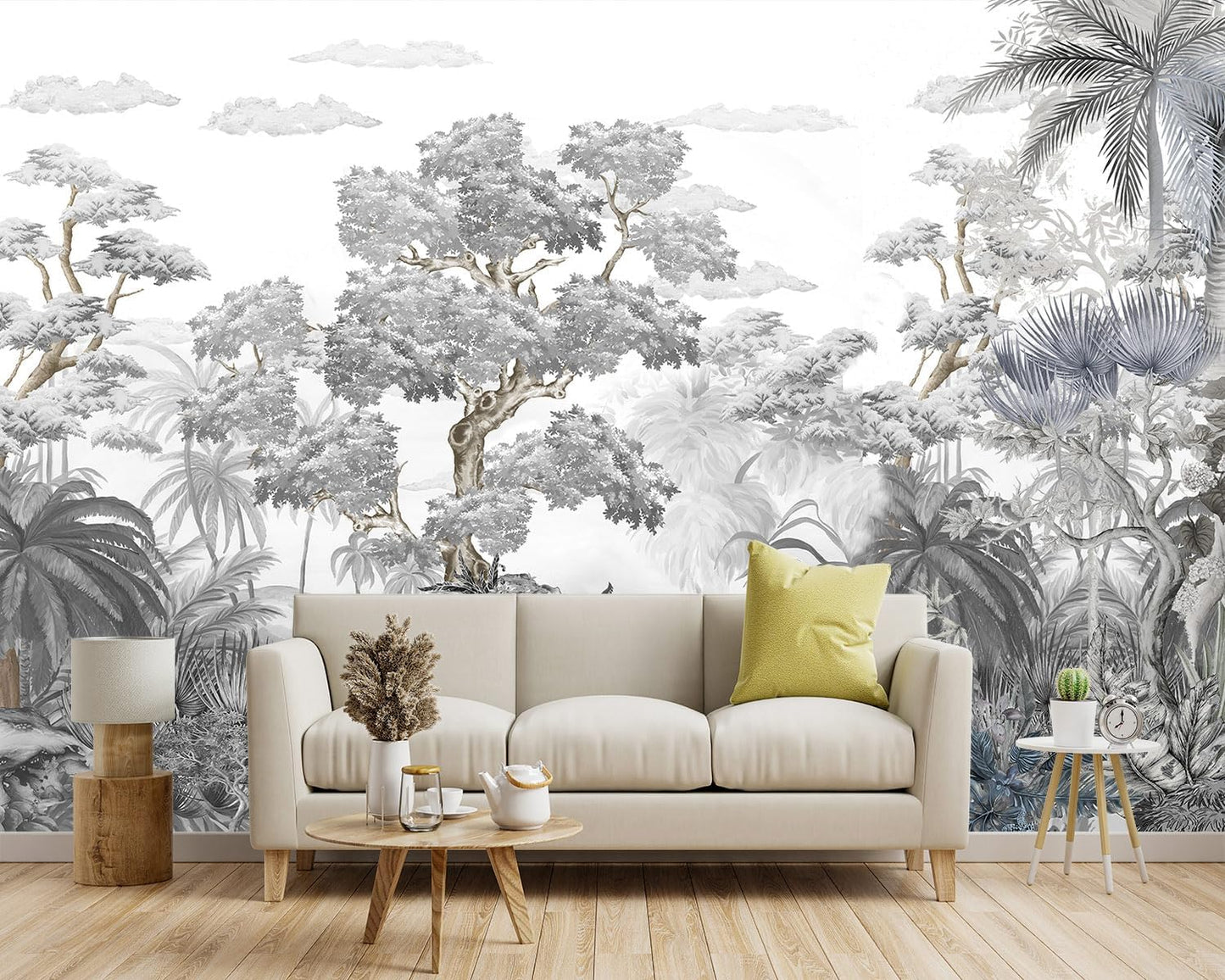 -Tropical Rainforest Botanical Grey Jungle Forest Fabric Wallpaper Living Room Palm Leaf Plant Bedroom Bathroom Wall Mural- 91"x65"（ not Peel and Stick）
