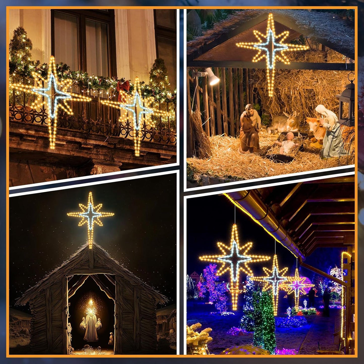 28" Christmas Star of Bethlehem LED Star Hanging Lights Nativity Holy Family Light for Door Window Porch Wall Decoration Plug Operated Lighted Hanging Tree Topper(White, Warm Light)