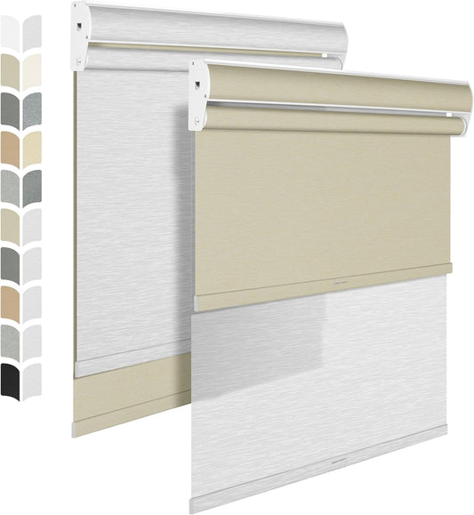 BERISSA Cordless Dual Roller Shades with Cassette Valance, Double Window Shades - Blackout and Light Filtering, Day and Night for Home Office Door. Beige and White. 74 W x 64" H