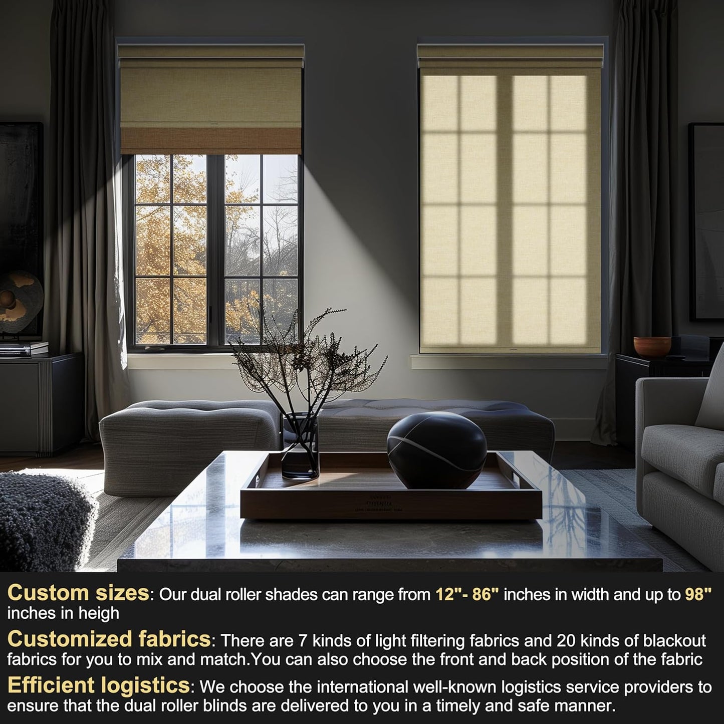 BERISSA Cordless Dual Roller Shades with Cassette Valance, Double Window Shades - Blackout and Light Filtering, Day and Night for Home Office Door - Linen Beige. 78 W x 64" H