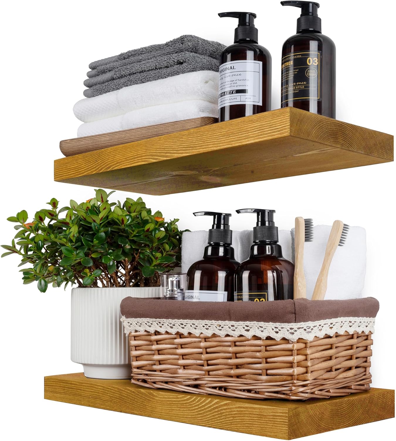 BGMG Wood Floating Shelves for Wall 18 inch Set of 2, Rustic Wooden Wall Mount Shelves for Living Room Bedroom Kitchen Farmhouse-18x6.7x1.25 inch- Gold Oak