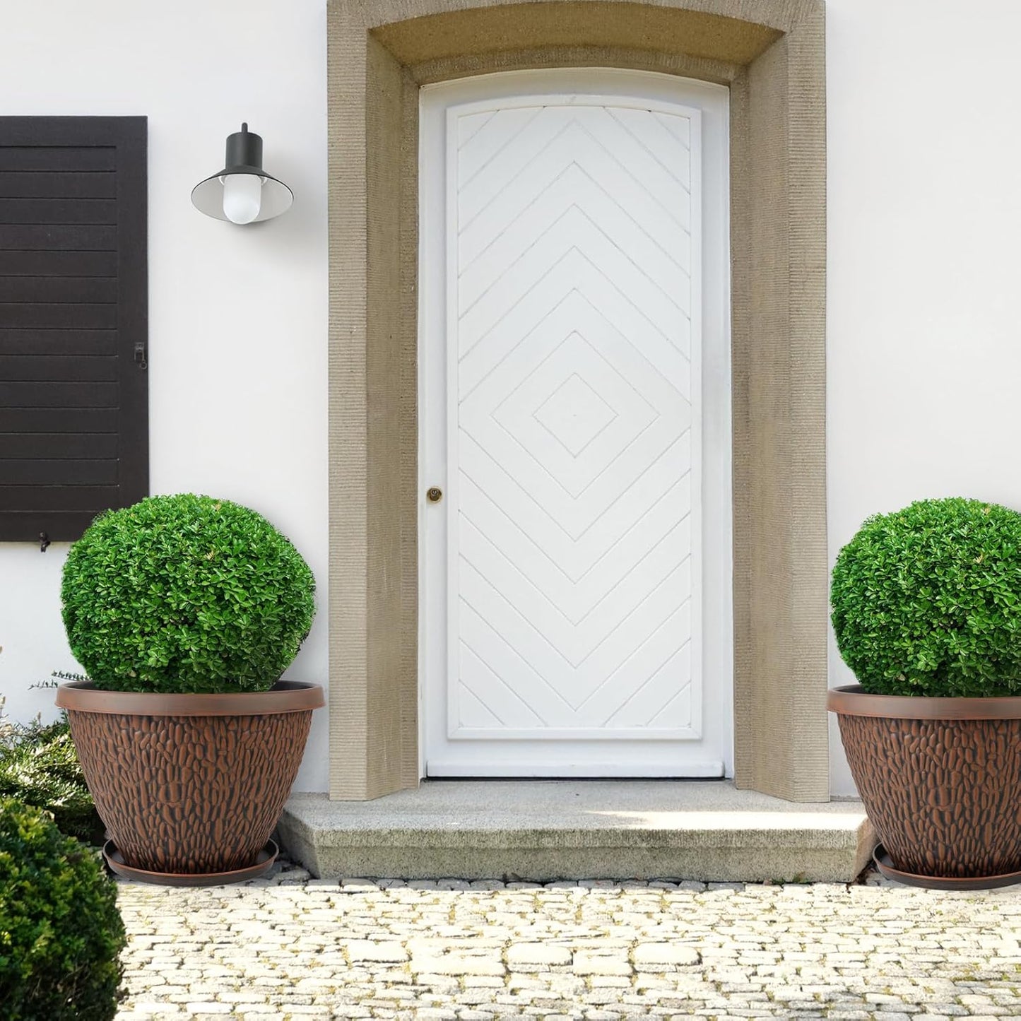 4 Pack 12 Inch Pots for Plants, Plastic Outdoor Flower Pots with Drainage Hole & Tray, Large Planters for Garden Porch Home Indoor Outdoor Decor - Pebbles Pattern Design Plant Pots