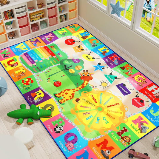 9x12 Washable Area Rug, Educational and Fun Kids Rug for Classroom Playroom Living Room Bedroom, Learning and Safe Playmat with ABC Alphabet Animals,Baby Toddler Children Play Mat
