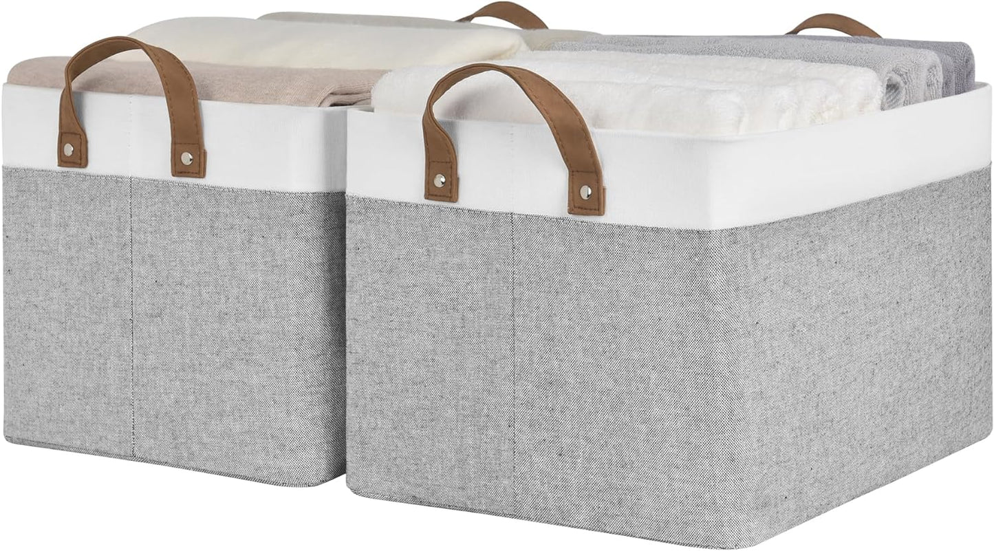 StorageWorks Storage Bins, Fabric Storage Bins for Shelves, Large Storage Baskets with Metal Frame, Closet Baskets and Bins with Handles, Gray and White, 2-Pack