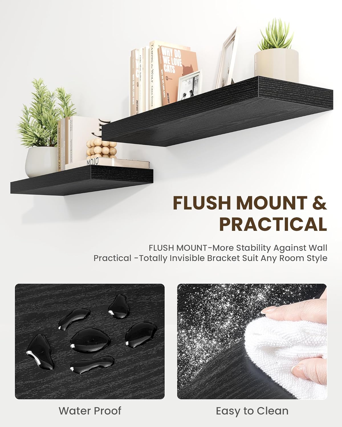 Marsmiles 55" Floating Shelves for Wall, Wooden Shelves with Invisible Brackets Set of 2, Rustic Farmhouse Wall Mounted Shelf for Kitchen Bathroom Living Room Study, Black