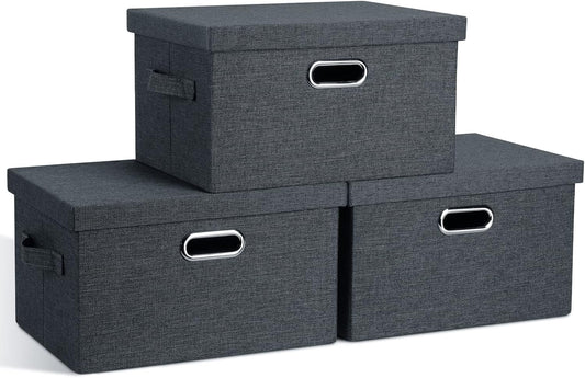 Medium 15" 21 Quart Collapsible Stackable Storage Bins with Lids, 3 Packs Dark Grey Foldable Fabric Closet Boxes Heavy-duty Linen Cube Baskets Container for Bedroom Office (15 x 11 x 8)