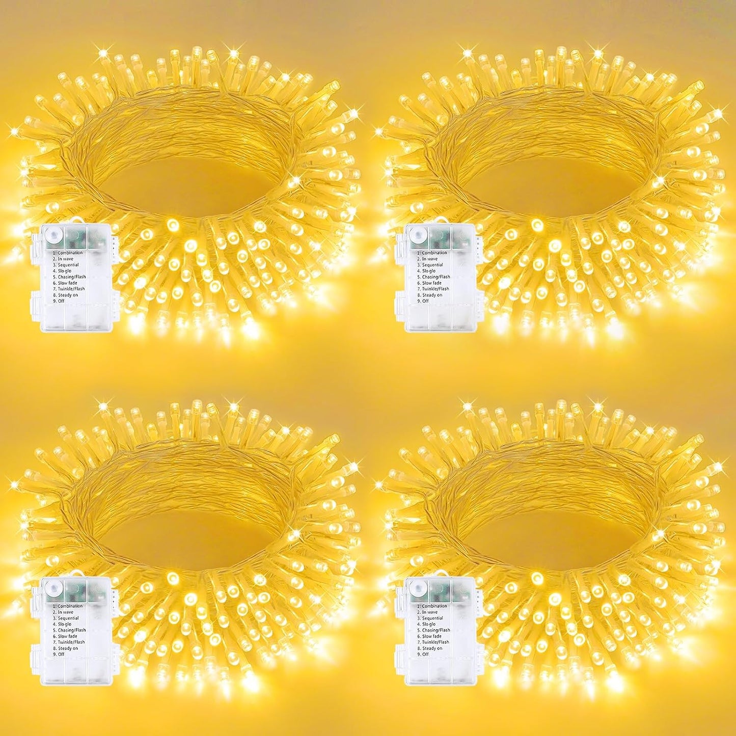 4 Pack String Lights Battery Operated with Timer, 66FT 200 LED Waterproof Battery Twinkle Lights, 8 Modes Fairy Light for Indoor & Outdoor Party Bedroom Garland Tree Christmas Decorations (Warm White)
