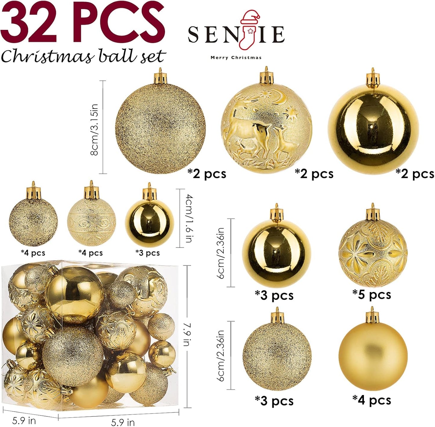 Senjie Gold Shatterproof Christmas Ball Ornaments, 32 Pcs, Plastic, Hanging, Christmas, Wedding