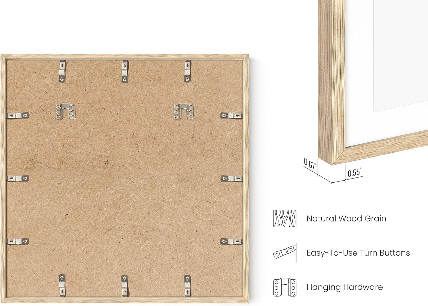 HAUS AND HUES 20x20 Square Picture Frames Set of 15 - Oak Wood Frames with Plexiglass, Beige
