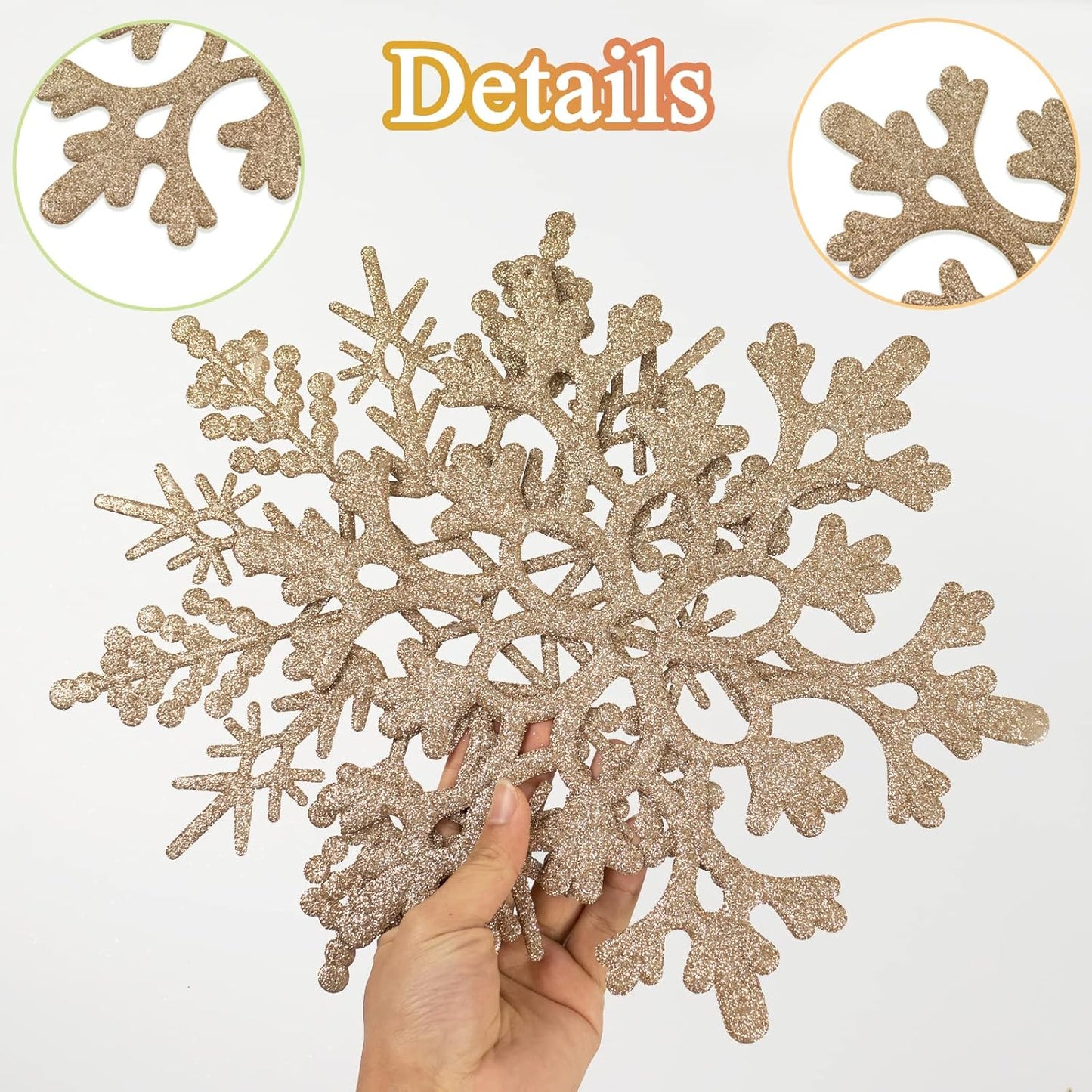 6pcs Large Champagne Gold Snowflakes Ornaments 12” Big Plastic Glitter Snowflake for Winter Indoor Outdoor Christmas Tree Window Room Decorations Giant Craft Snowflakes