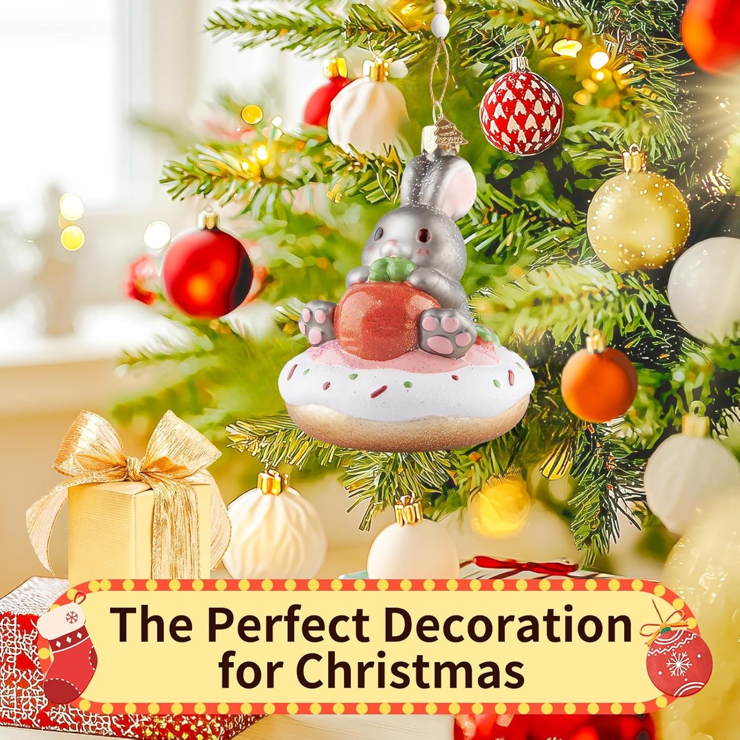 Rabbit Donut Christmas Tree Ornaments,Blown Glass Ornaments,Personalized Rabbit Collection Hanging Ornaments,Donut Pendant Ornament,Christmas Decorations for Animal Lovers Holiday Party Gifts