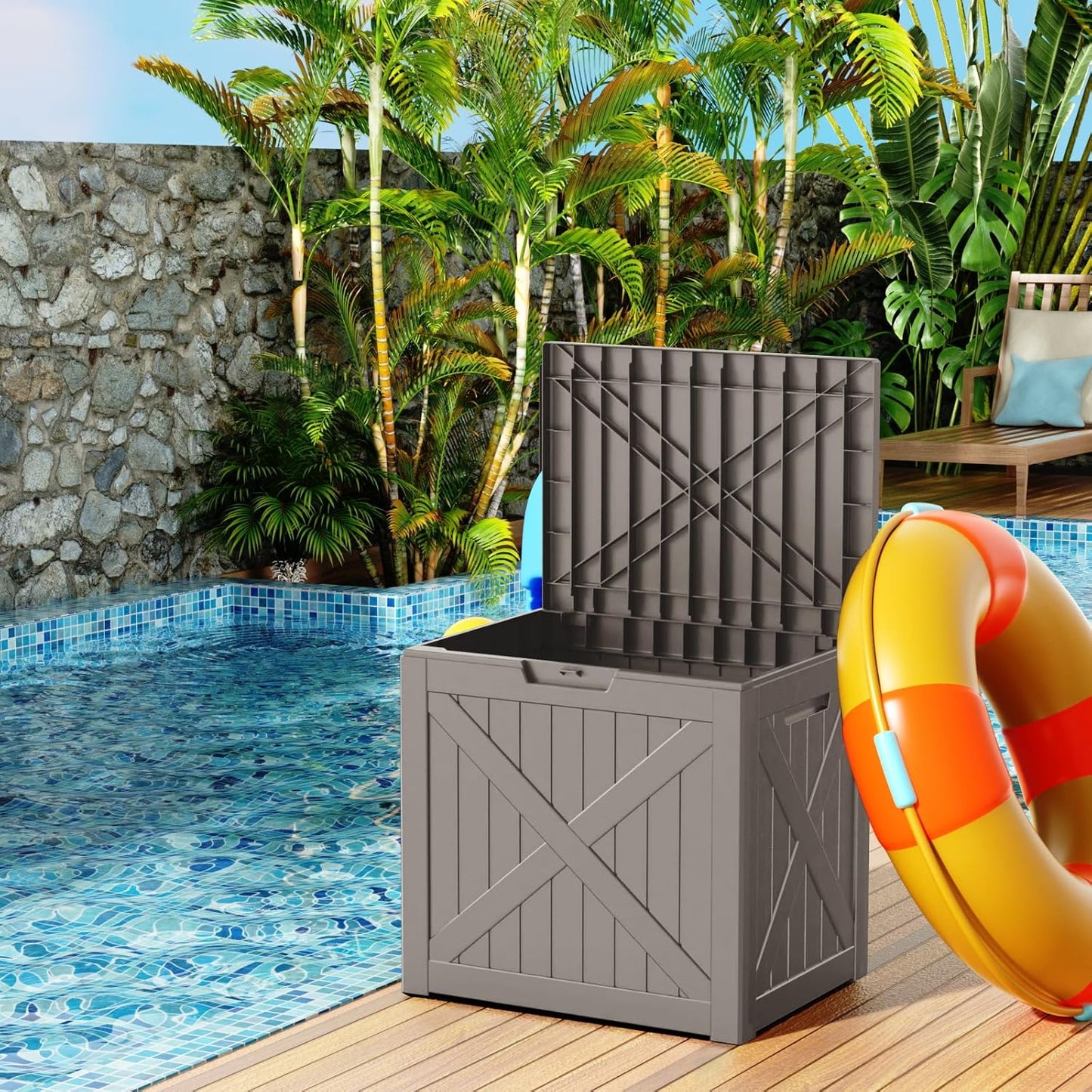 32 Gallon Outdoor Deck Box,Storage Lockable Waterproof Patio Furniture,Garden Tools,Cushions,Pool Accessories Outside Storage Resin Box(Light Brown)