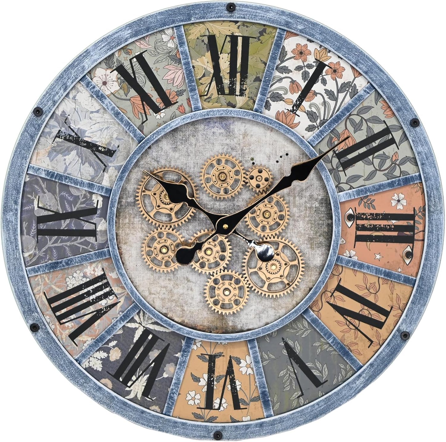 Unique Moving Gear Large Round Wall Clock 21inch-Battery Powered. Retro Industrial Steampunk Country Farmhouse Decor for Living Room Kitchen Bars cafes Offices(Blue/metal/21)