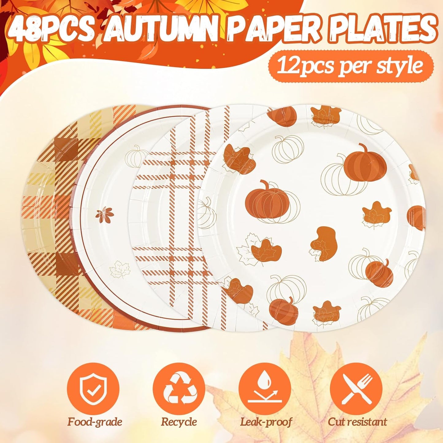 48Pcs Fall 7inch Paper Plates - Pumpkin Maple Leaf Dessert Plates for Cake Salad Fruit Disposable Autumn Party Supplies for Fall Thanksgiving Harvest Picnic Decoration, 4 Styles