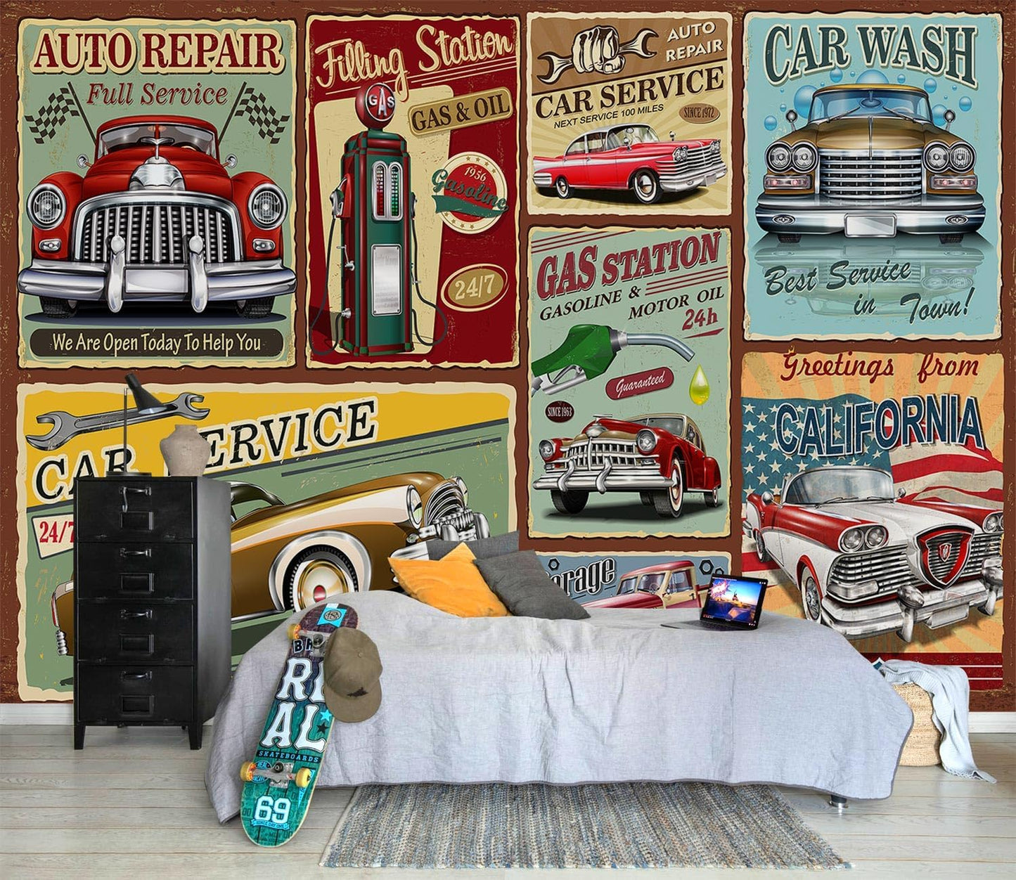 AFZEVEB-Car Poster Wallpaper Vintage Wall murals for Bedroom 136"x96" (Not Peel and Stick)