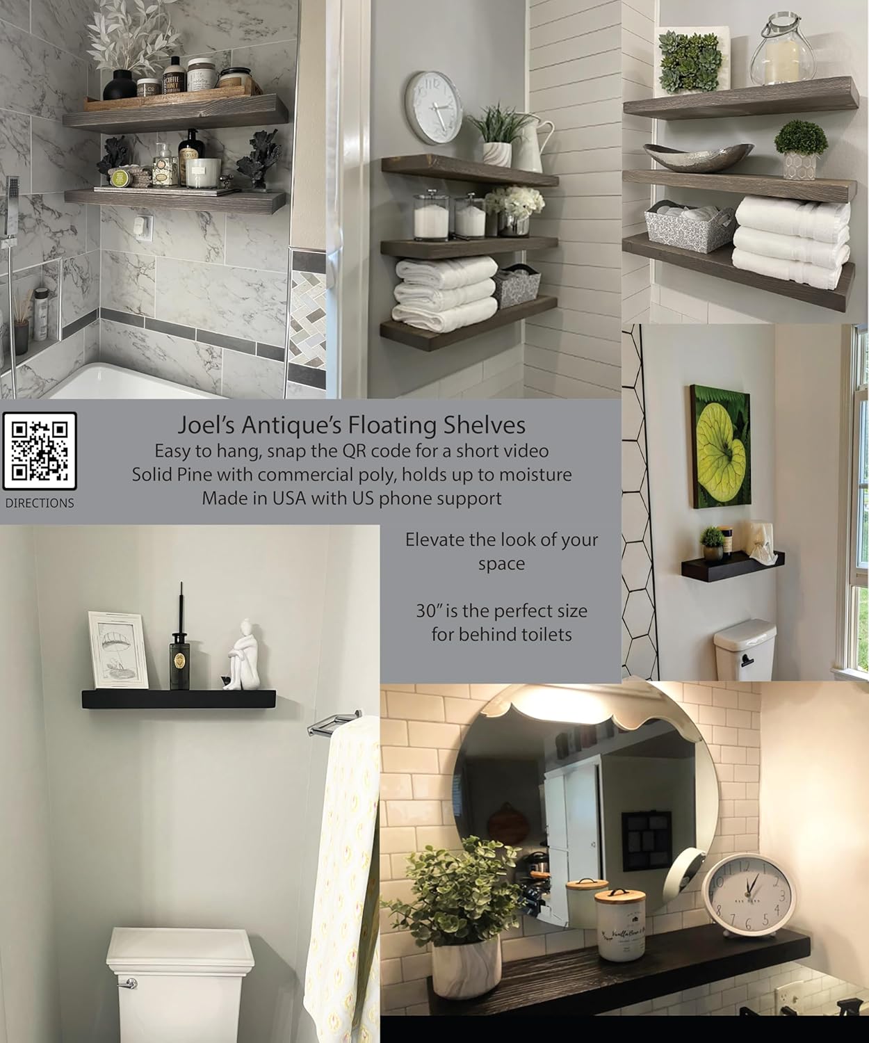 Joel's Antiques - 30 Inch Wooden Floating Shelves for Wall - 30x8x2 in - Made of Natural Wood - Heavy Duty Rustic Wall Shelves for Bedroom - Perfect for Living Room, Kitchen - Grey