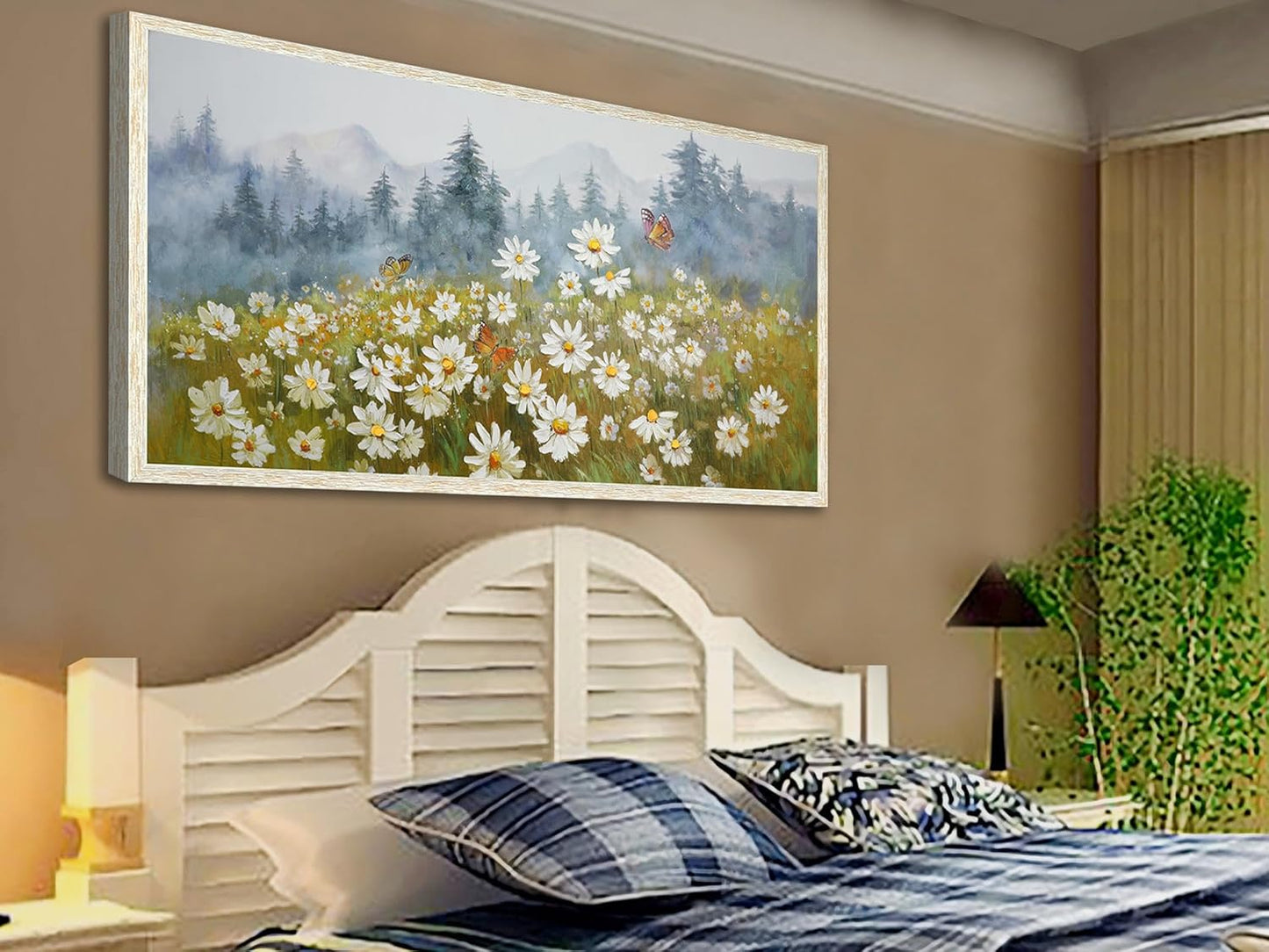 Arjun Flower Wall Art Canvas Landscape Daisy Painting Mountain Picture White Daisy Textured Floral Forest Artwork for Living Room Bedroom Office Home Wall Decor, Extra Large Framed Wood Grain 58"x29"