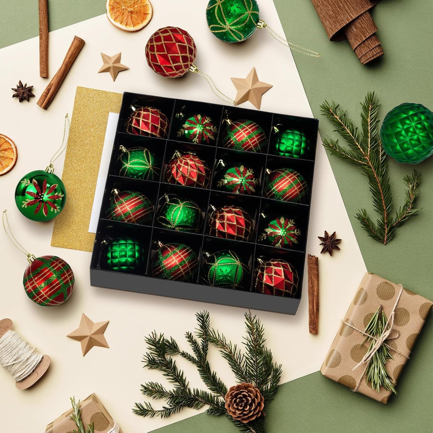 LARAINE Christmas Balls Ornaments 16 Pcs Decorations for Christmas Tree, Shatterproof Hanging Ball Variety Gift Set of Holiday Party Wedding Decoration (Green Red)