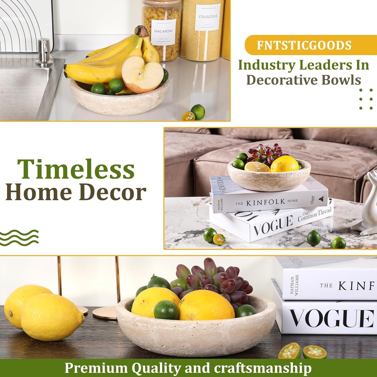 Travertine Decorative Bowl - 7.8” Diameter & 2” Height - Key Bowl for Entryway Table - Travertine - Organic Modern Centerpiece - Beige/Natural