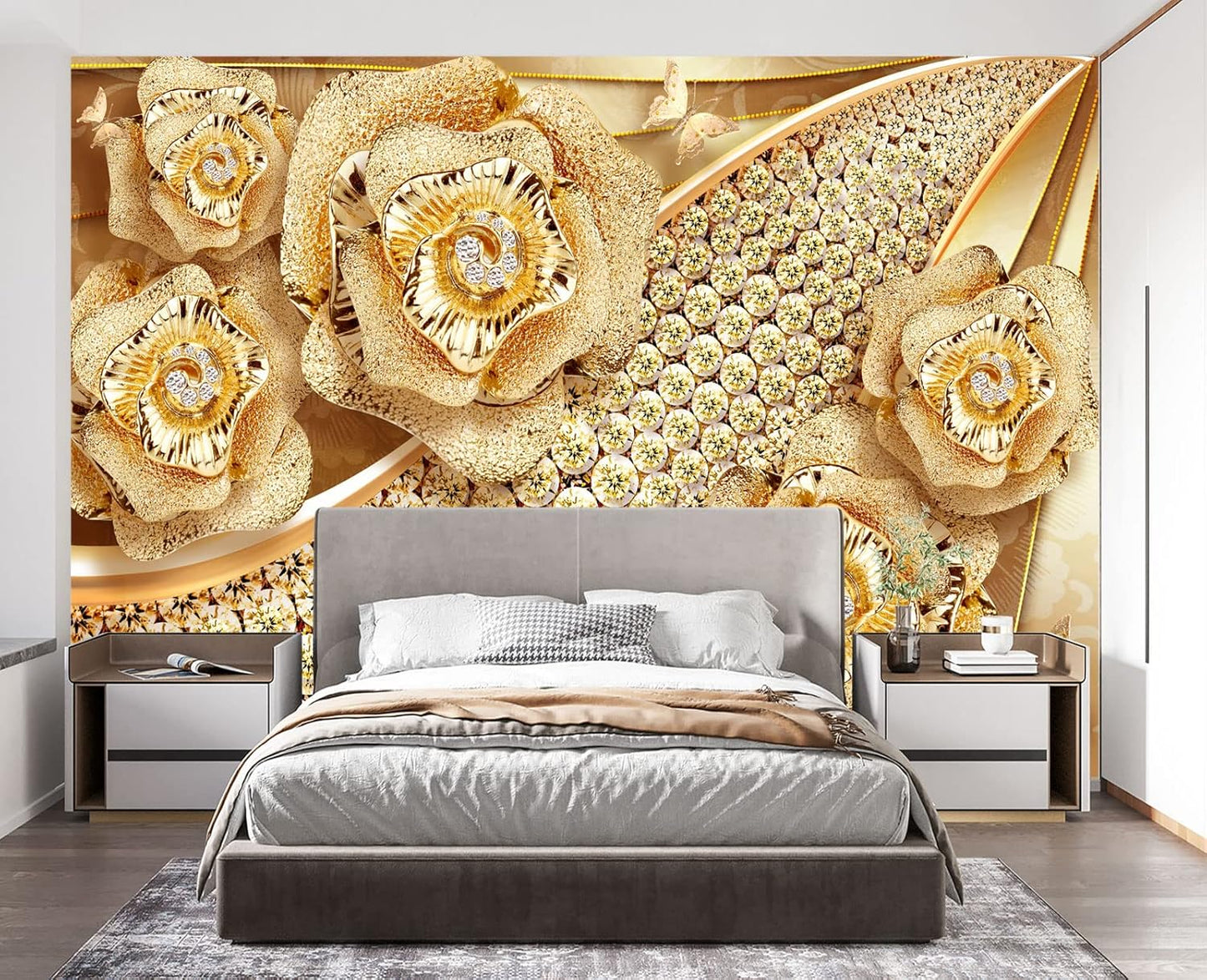 Golden Jewelry Diamond Rose Butterfly Wall Mural Wallpaper for Bedroom 103" x 69"