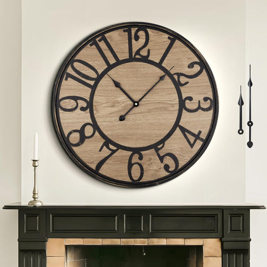 Large Wall Clock for Living Room Decor, Non Ticking Silent, Battery Operated Modern Vintage Wood Oversized Decorative Wall Clock for Bedroom Kitchen Farmhouse Office Decor