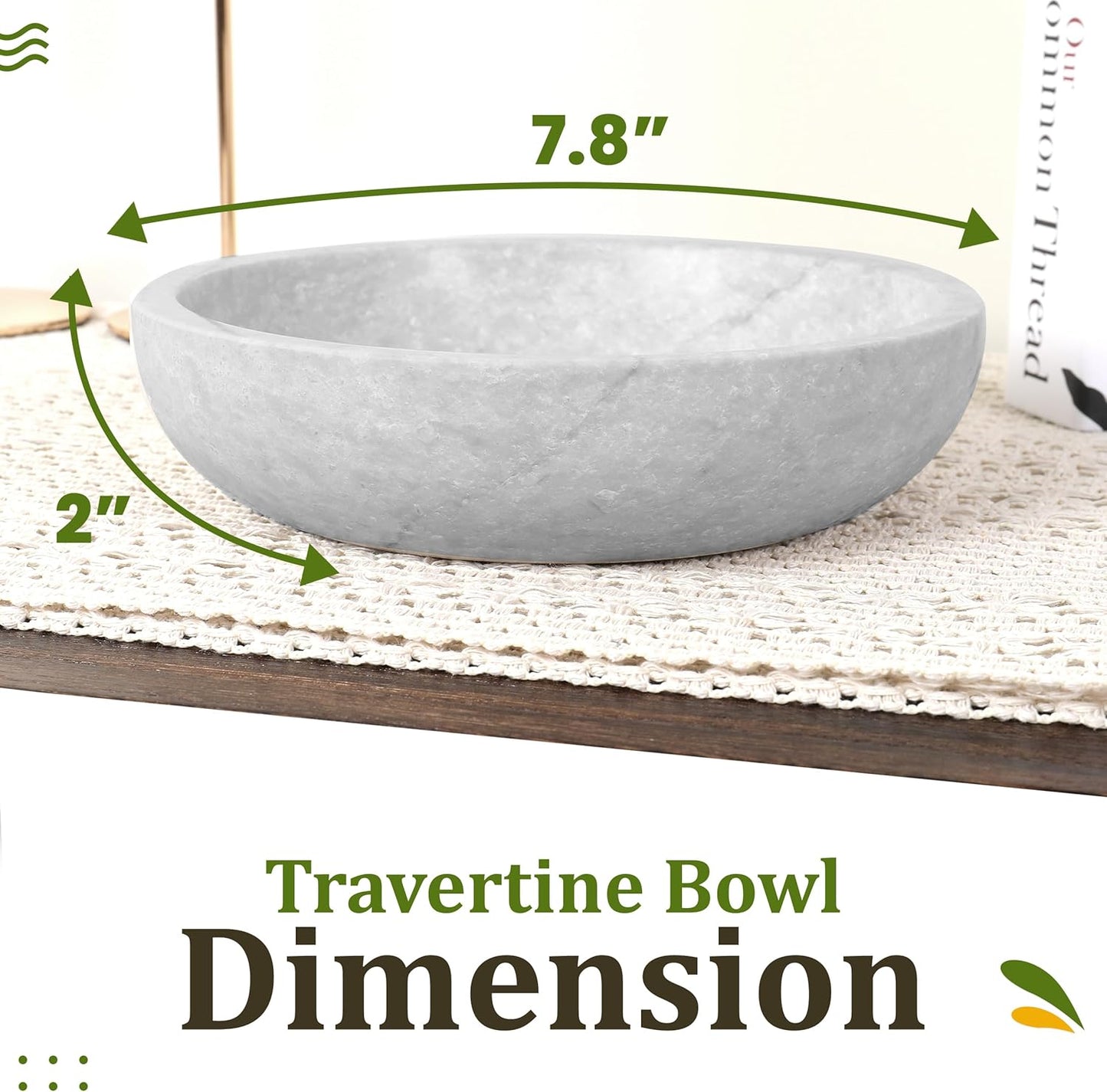 Travertine Decorative Bowl - 7.8” Diameter & 2” Height - Key Bowl for Entryway Table - Organic Modern Centerpiece - White/Gray
