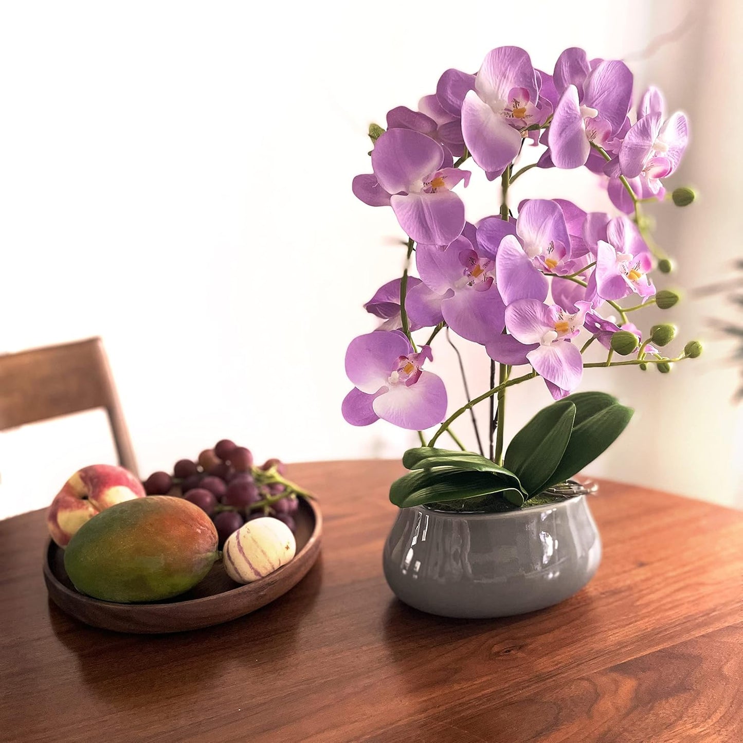 SJC Orchids Artificial Flowers with Gray Vase Purple Faux Orchid Phalaenopsis Arrangements for Kitchen Table Centerpiece Home Decoration Indoor(3.54" D x 7.87" W x 20" H)