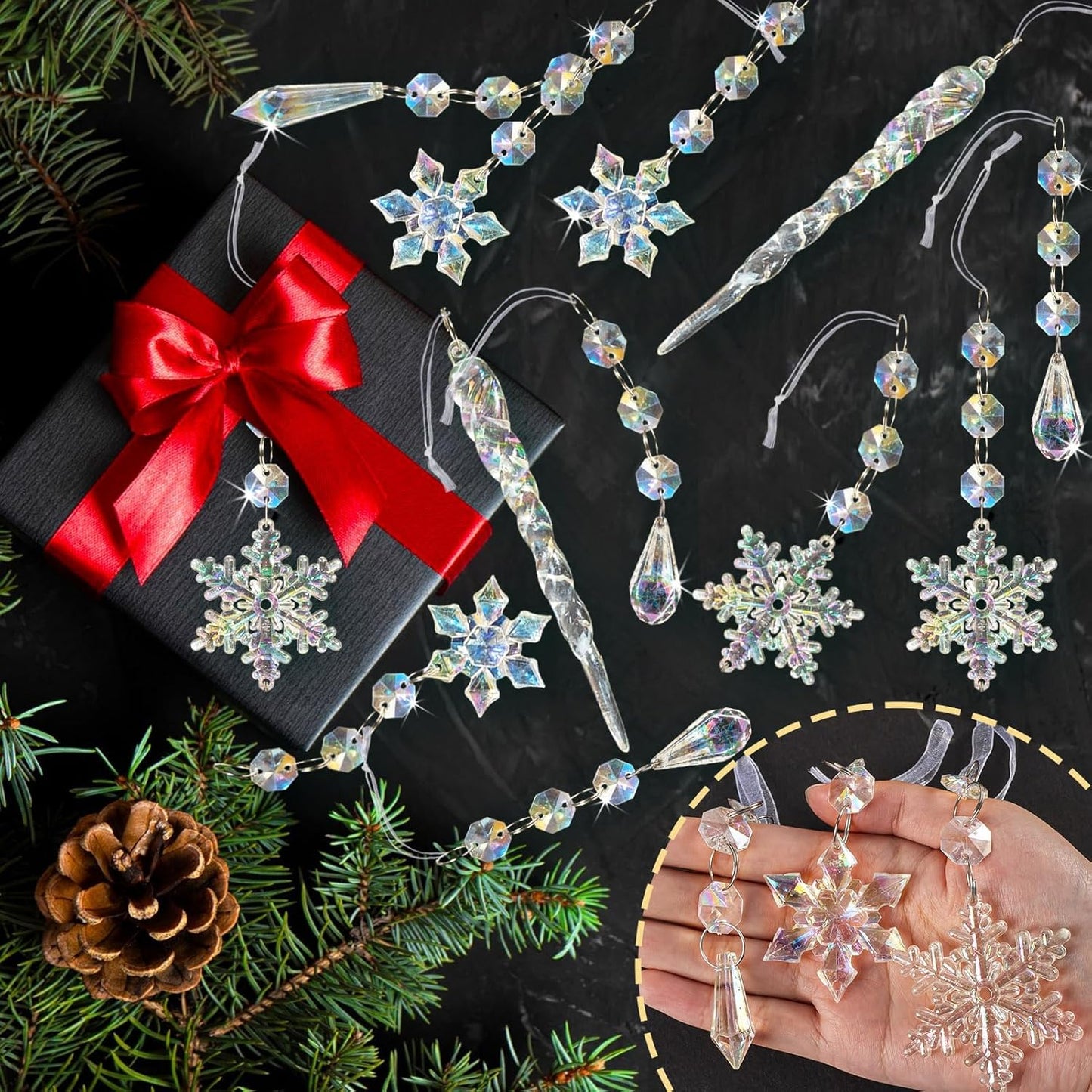 80pcs Christmas Crystal Snowflake Ornaments for Tree - Iridescent Christmas Acrylic Snowflakes Drop Icicle Pendants Hanging Ornaments for Xmas Tree Winter Holiday Frozen Wedding Party Decorations