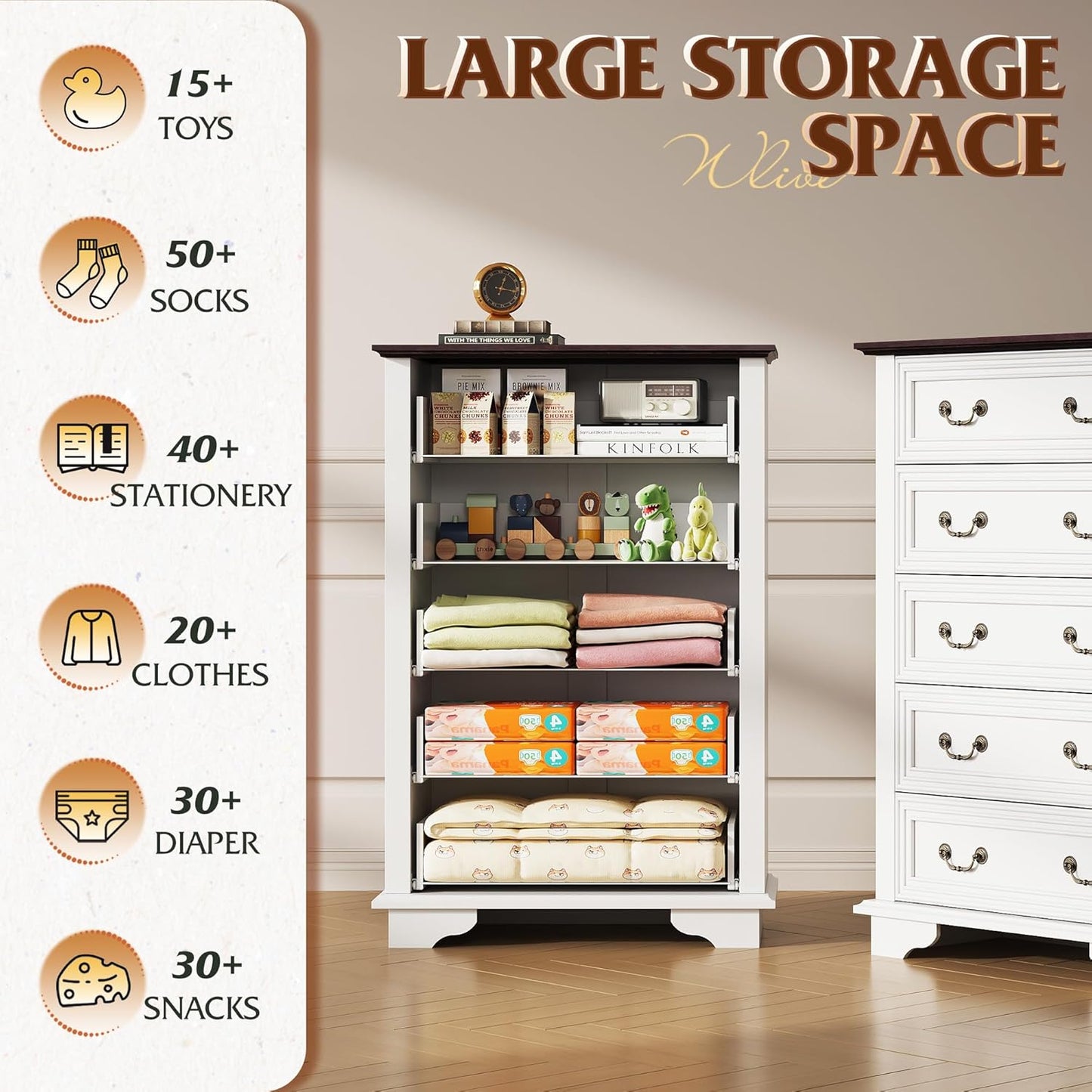 WLIVE Farmhouse Dresser for Bedroom, Wood Dresser with 5 Drawer, Chest of Drawers with Roman Metal Handle for Living Room, White