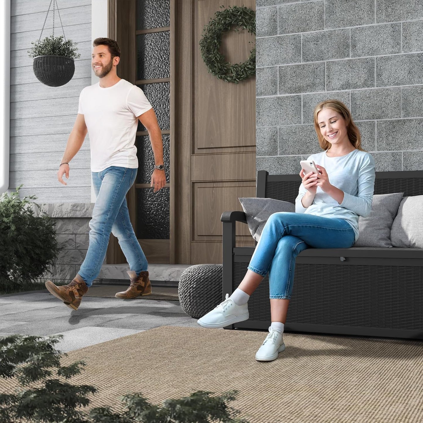 70 Gallon Lockable Outdoor Storage Bench Waterproof, Deck Box Bench for Patio, Porch, Garden, Poolside, Stores Tools & Pool Supplies, Heavy-Duty Outdoor Bench with Storage, Black