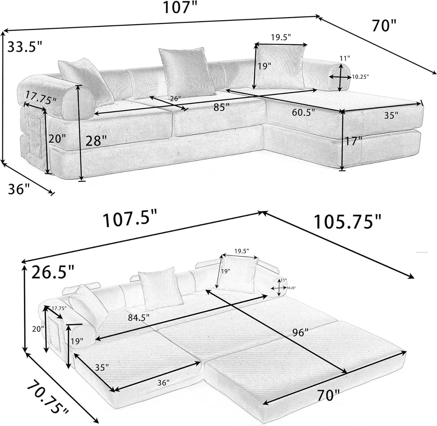 107" Oversized Convertible Sleeper Sofa Bed, Corduroy L Shape Sectional Couch, Folding Sofa Bed with Side Pocket, Modern Cloud Floor Mattress Couch, Modular Sofa for Living Room, Pink