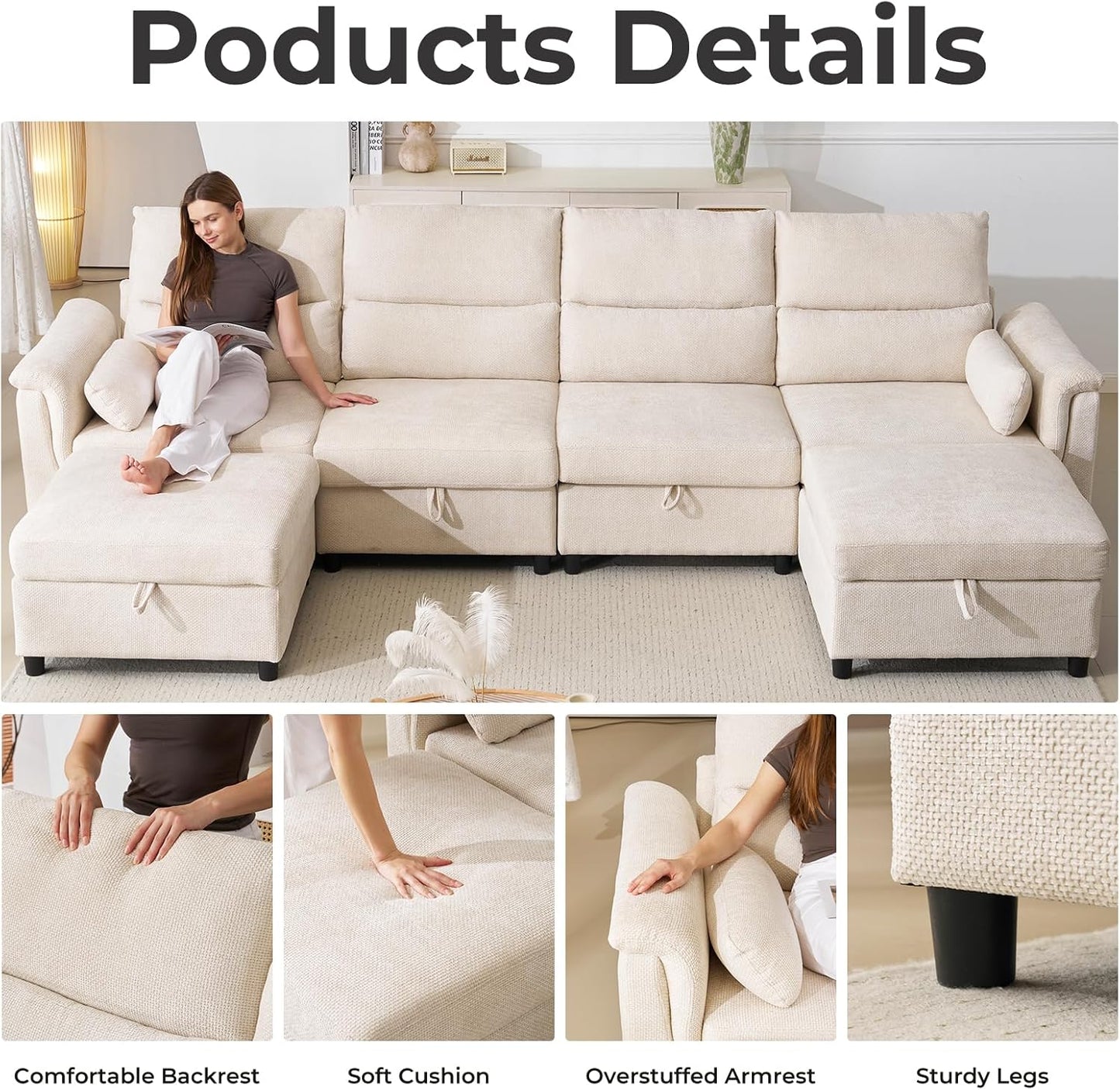 132'' Oversized Modular Sectional Sofa, U Shaped Comfy Sectional Couch with Large Storage, 6 Seat Chenille Deep Seat Cloud Sofa with 2 Throw Pillows for Living Room,Beige