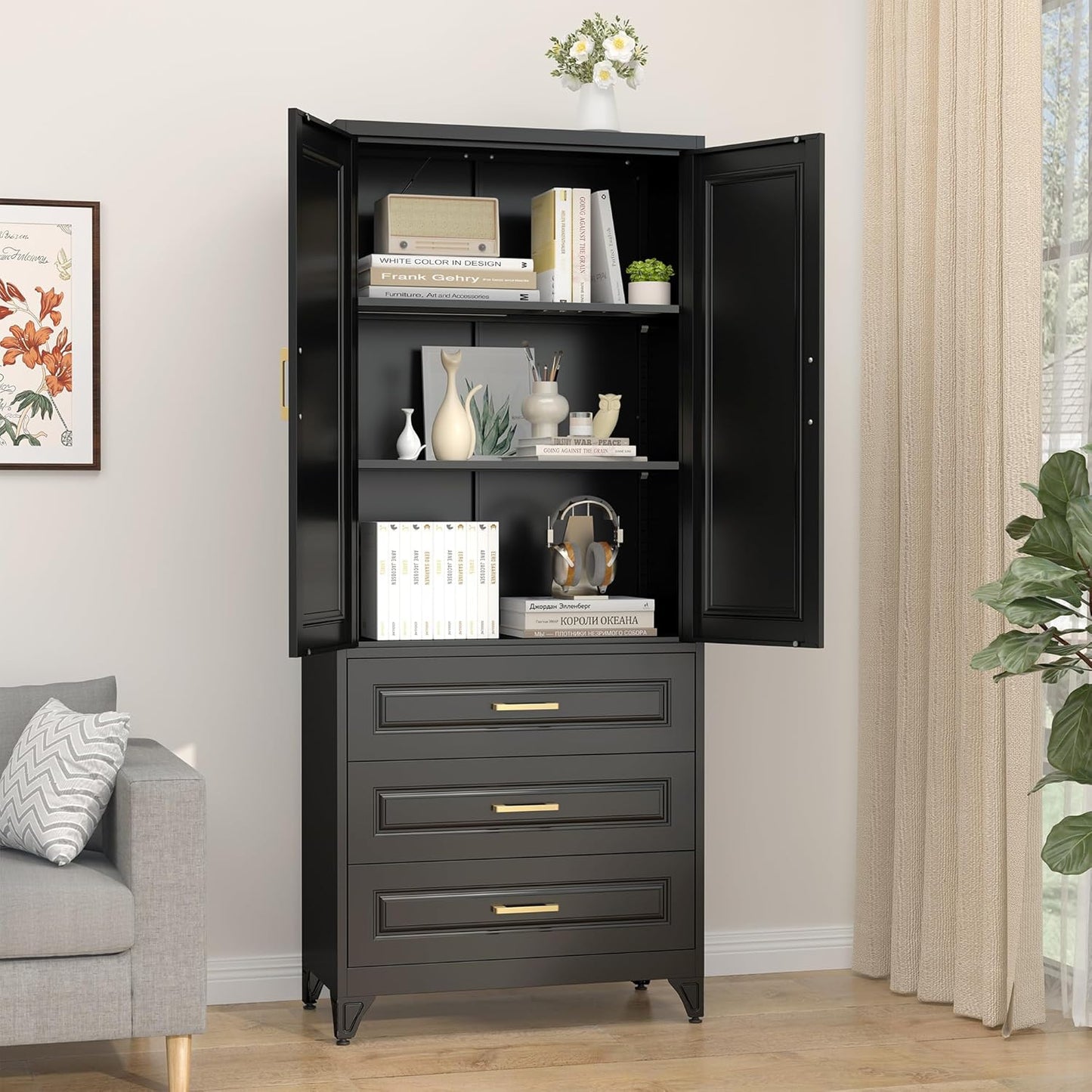 75" Kitchen Pantry Cabinet with 3 Drawers,Metal Storage Cabinets with Doors and 4 Adjustable Shelves,Black Kitchen Cabinet with 2 Gold Handles,Food Cupboard for Livingroom, Bathroom,Pantry