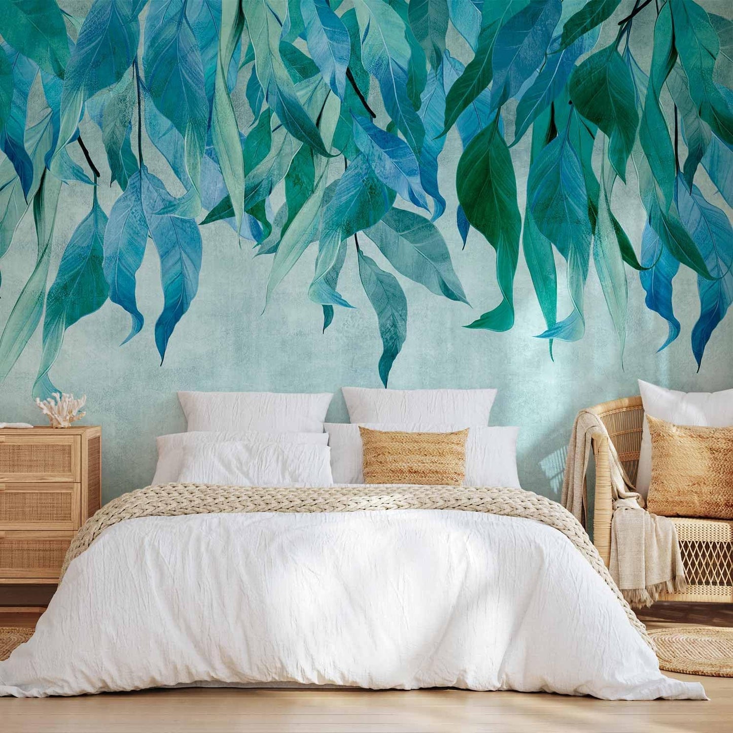 artgeist Wall Mural Hanging Leaves 197x138 in - Non-Woven Wallpaper Fleece Wall Decor Photo Print Picture Image Design Nature Botanical Concrete Green Blue b-C-10146-a-b