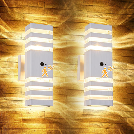 2 Pack Motion Sensor Outdoor Wall Lights with 4 Dimmable Bulbs, Modern White Dusk to Dawn Porch Sconces Waterproof Up Down Exterior Lighting Fixtures, Outside Coach Lamp for House Garage Front Door
