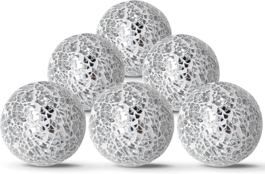 6Pcs Decorative Ball Set, 6cm/2.4inch Mosaic Glass Orbs Centerpiece Balls for Decorate Tables Wedding Party (Silver)