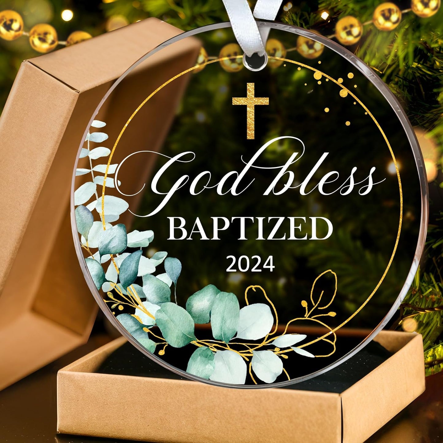 HEXMOZ Baptism Gifts - Christening Gifts for Boys Girls Kids Adults Men Women - Baby Boy, Girl Catholic Baptism Gift for Godson, Goddaughter - Cross God Bless Baptized Acrylic Christmas Ornament 2024