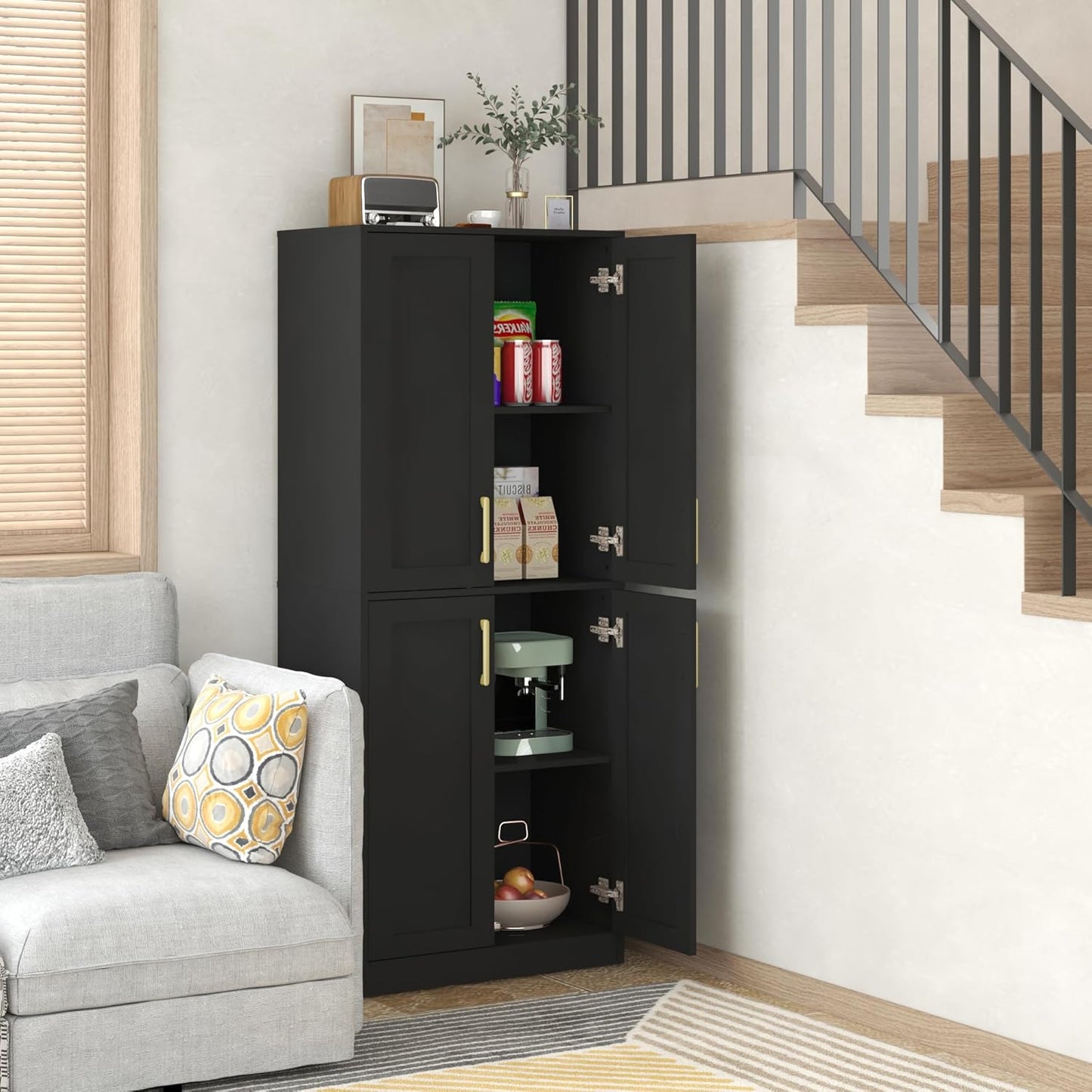Tall Storage Cabinet with Doors & Shelf for Bathroom, Living Room, Entryway - Black