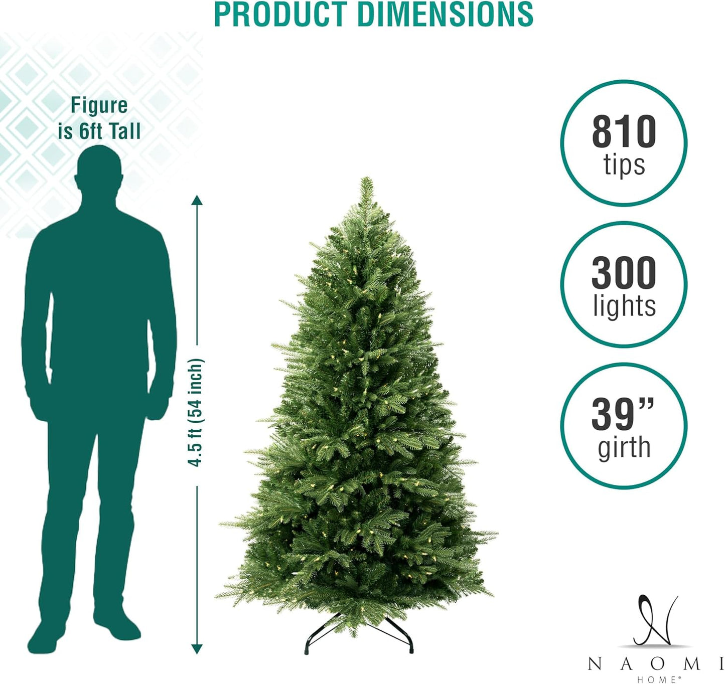 Naomi Home 4.5ft Christmas Tree with Multi-Color Lights, Realistic Fir with Colored Lights with Controller, 810 Branch Tips, 300 Colorful Lights and Metal Stand, Pre Lit Tree