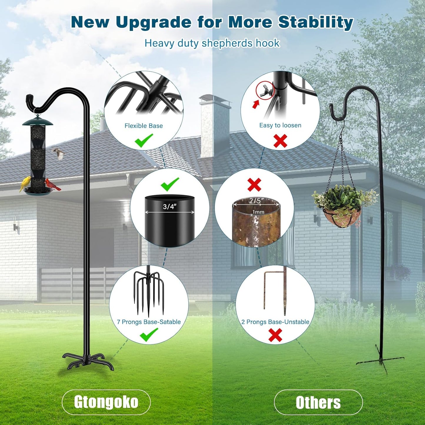 Gtongoko Adjustable Shepherds Hooks for Outdoor 76 Inch Bird Feeder Pole with 7 Prongs Base, 3/4 Inch Thick Heavy Duty for Hanging Bird Feeder, Plant Baskets,1 Pack