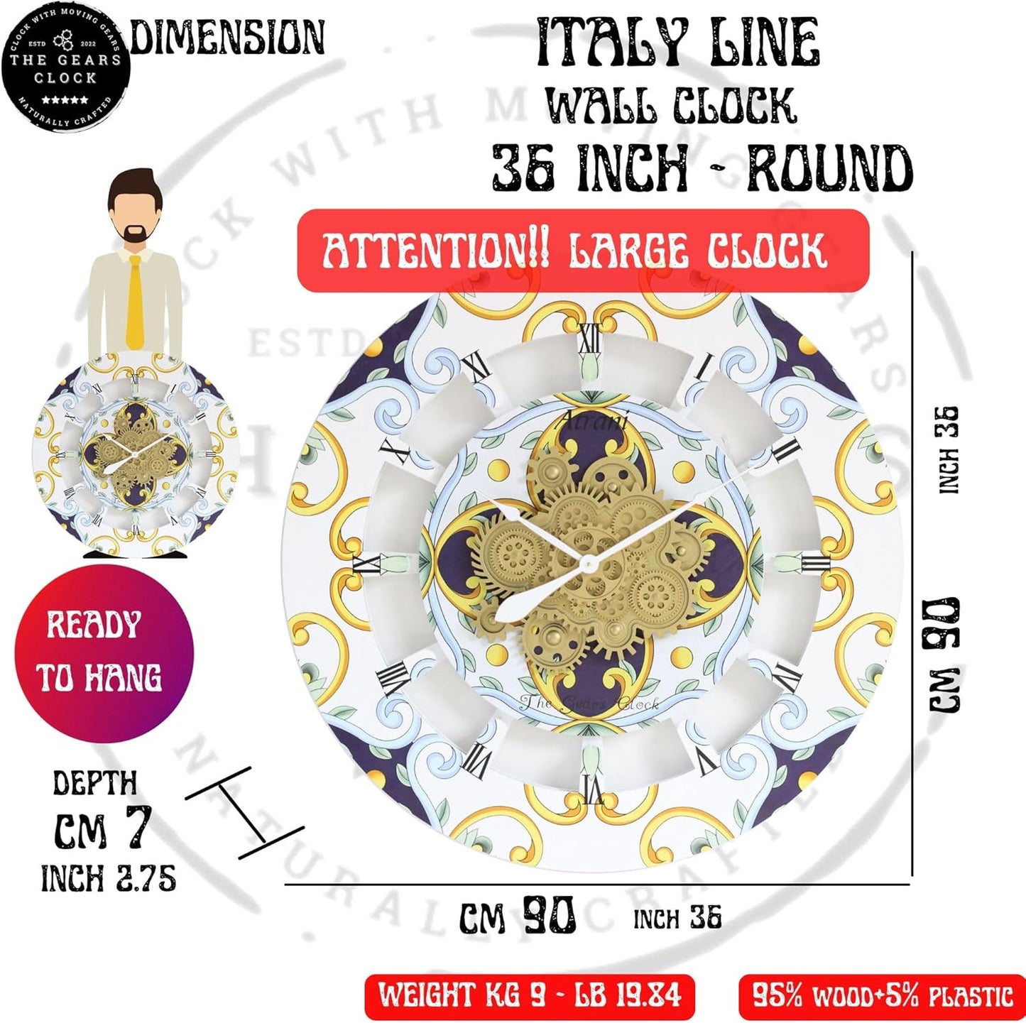 The Gears Clock Wall Clock Italy Collection with Moving Gears (Meta, 36 inch Round)