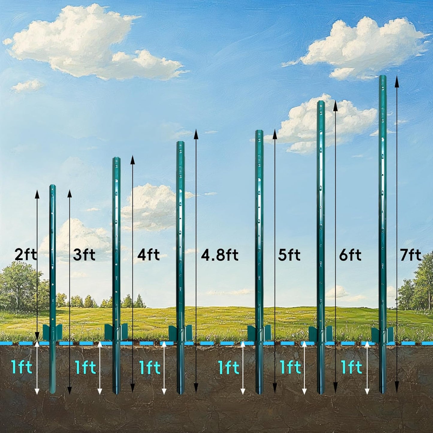 ARIFARO Fence Posts 3 Feet Sturdy Duty Metal Fencing Poles, Pack of 16, No Dig Garden U Post for Wire Fencing Steel Post for Yard, Outdoor Wire